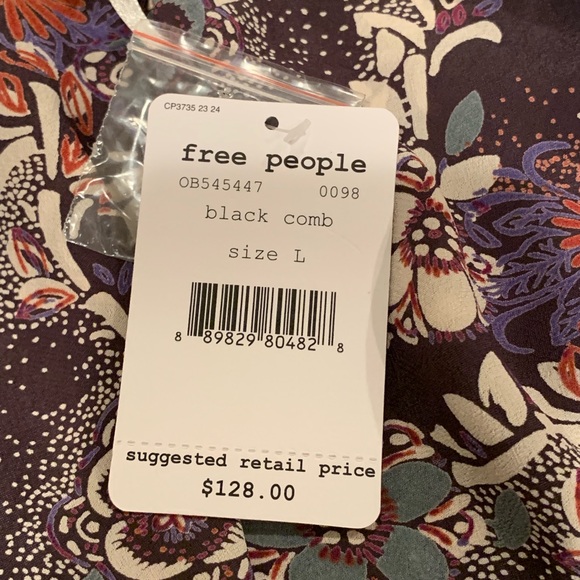 NWT Free People Purple Mutli Floral Long Sleeve V-Neckline Pleated Rayon Top - Picture 6 of 7